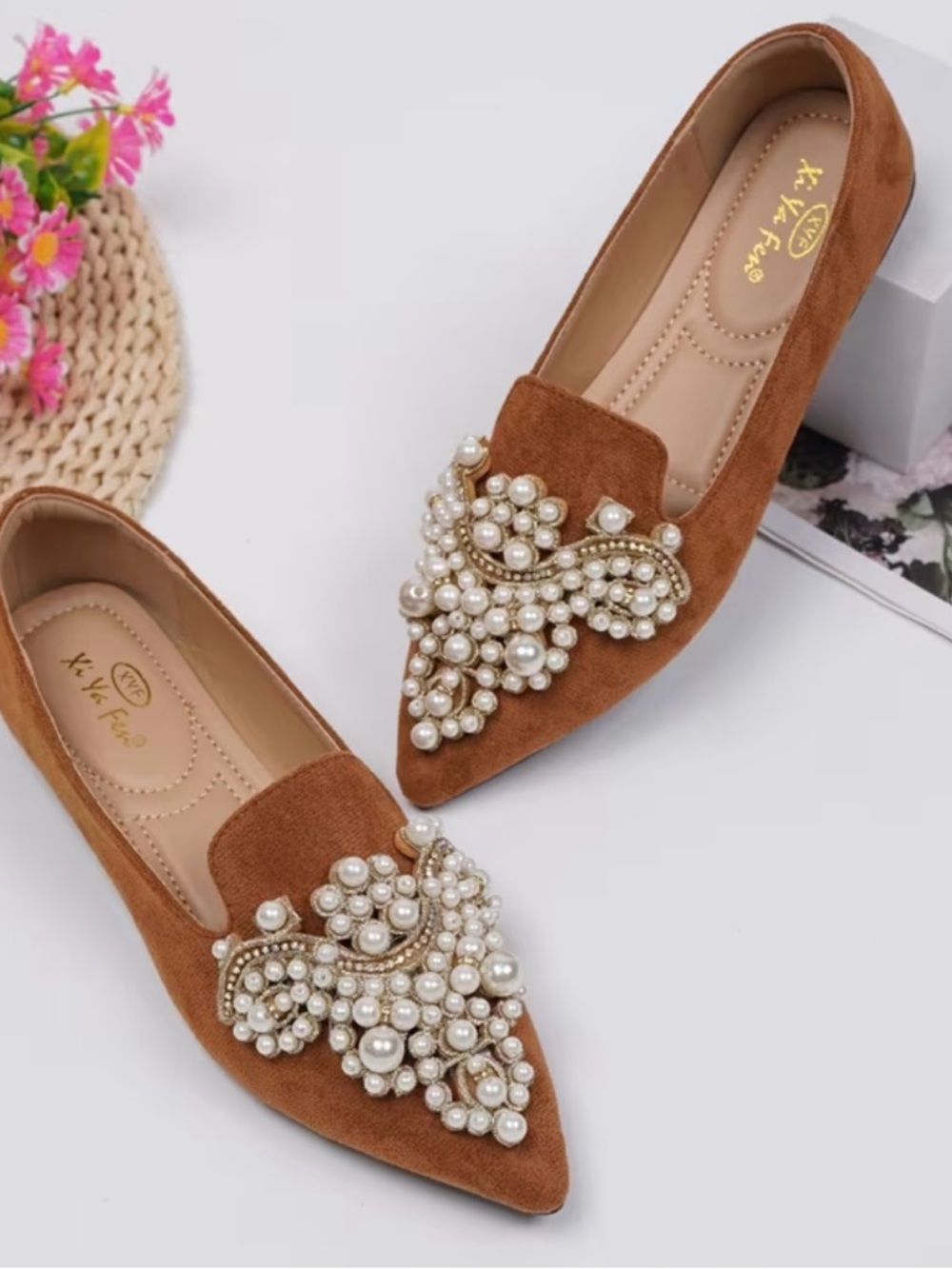 NWOT Pearl Embellished Pointed Toe Flats Brown Suede Loafers Size 7.5